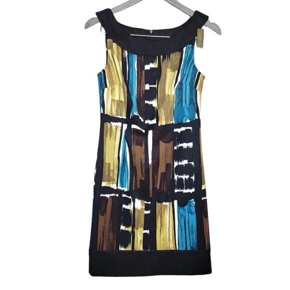 Connected Apparel Sleeveless Sheath Watercolor Black Brown Blue Size 4 - Picture 1 of 12